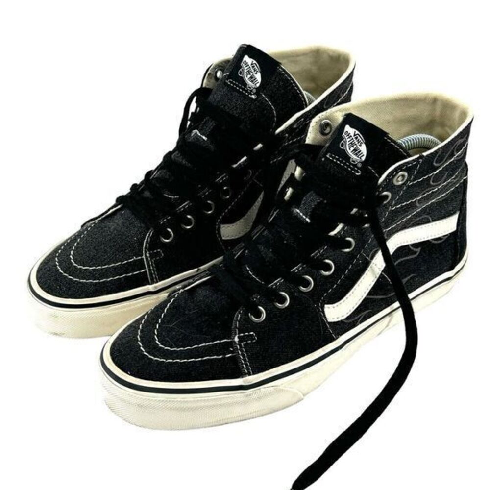 Vans‎ Sk8-Hi Tops Black Denim Flames Unisex Sneakers Men's Sz 8 Women's Sz 9.5
